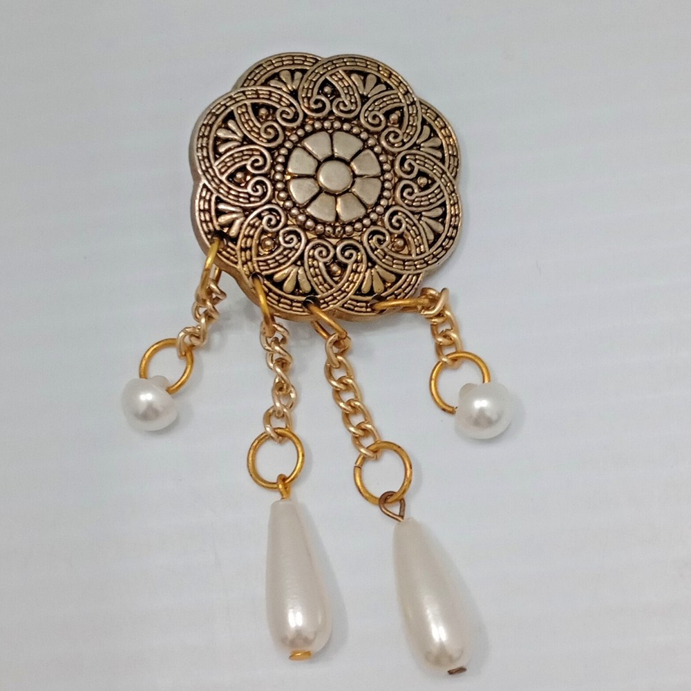 Vintage Style Gold‎ Tone Floral Brooch Faux Pearl Dangle 2"